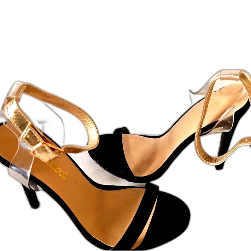 ShoeDazzle Farah Black & Gold Ankle Strap Heels Size 7.5